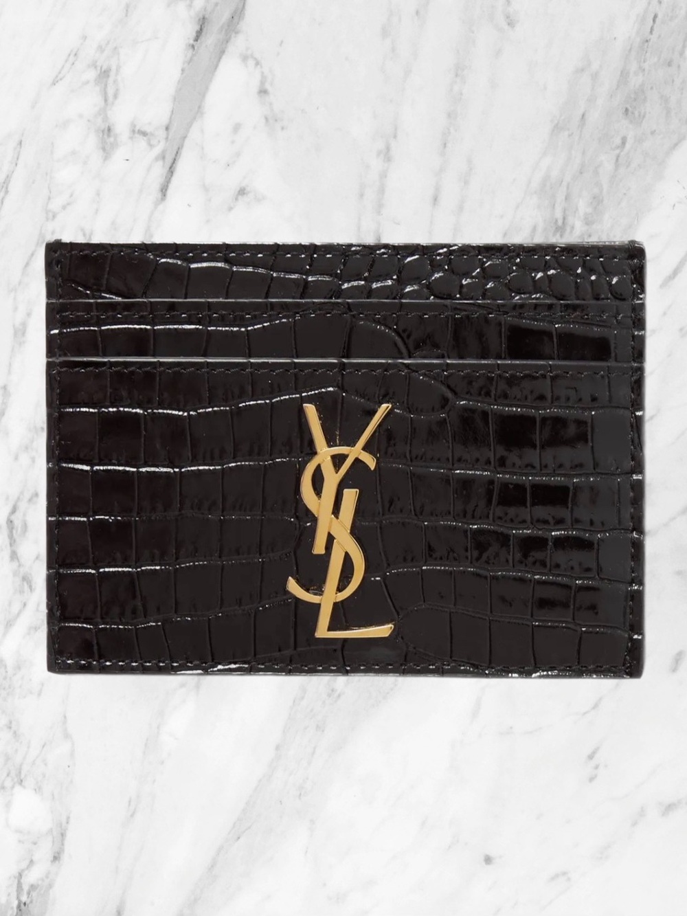YSL Cassandre Card Holder – Black Croc Embossed Patent Leather